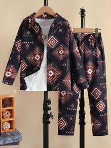 SHEIN Young Boy Geo Print Shirt & Pants Without Tee - Multicolor - View 1
