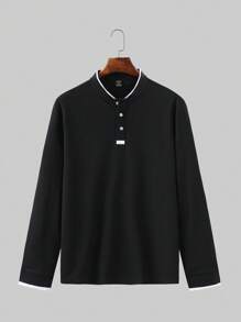 Manfinity Homme Men Contrast Panel Baseball Collar Quarter Button Polo Shirt, For Work, For Husband & Daddy - Black - View 7