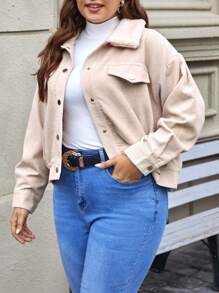 SHEIN Frenchy Plus Borg Collar Flap Detail Drop Shoulder Corduroy Jacket - Apricot - View 4