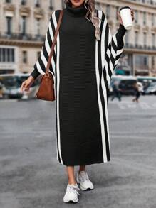 SHEIN LUNE Striped Pattern Turtleneck Batwing Sleeve Sweater Dress - Black and White - View 4