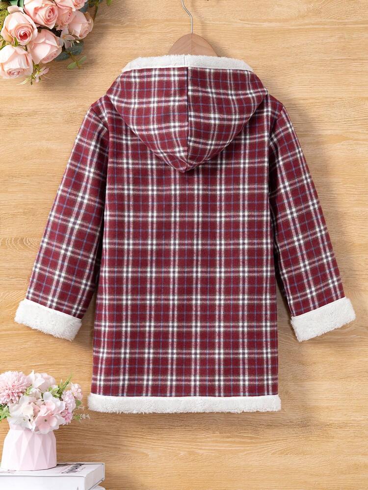 Tween Girl 1pc Plaid Dual Pocket Fuzzy Lined Duffle Hooded Coat