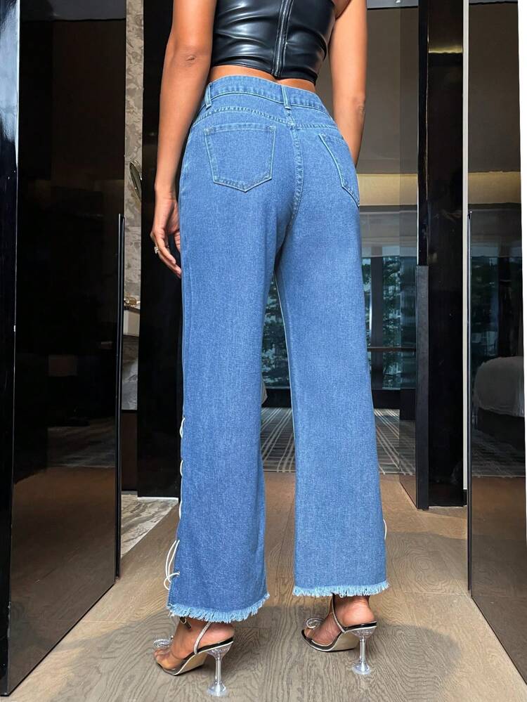 Lace Up Side Raw Hem Straight Leg Jeans