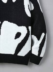 Teen Boy Graphic Pattern Drop Shoulder Sweater - Black and White - View 3