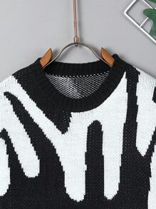 Teen Boy Graphic Pattern Drop Shoulder Sweater - Black and White - View 4