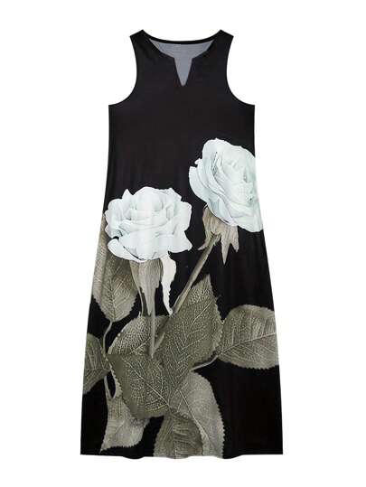 Large Floral Print Notched Neck Dress Black Elegant Vacation Summer