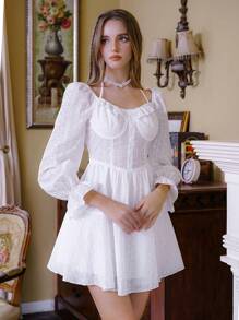 SHEIN Unity Flounce Sleeve Ruffle Trim Schiffy Dress Fall Cloth For Women - White - View 6