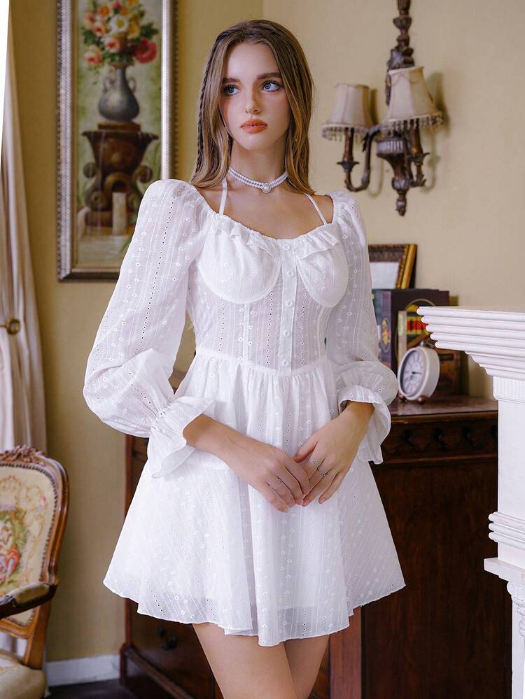 Flounce Sleeve Ruffle Trim Schiffy Dress Fall Cloth For Women