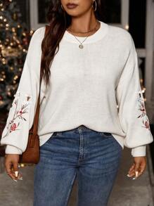 Calvaya 大碼花卉刺繡落肩袖套頭毛衣 - 白色 - 查看 6