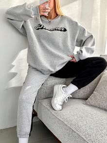 SHEIN Cottnline Women's Letter Print Drop Shoulder Sweatshirt And Two Tone Sweatpants Set - Multicolor - View 6