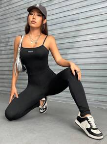 SHEIN EZwear 素色吊帶彈力緊身連體褲 - 黑色 - 查看 7