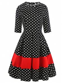 波點印花彩塊裙 - 黑色 - 查看 4