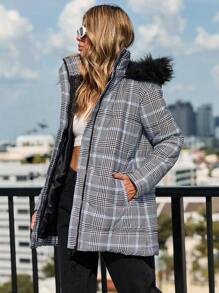 RueChic Women'S Plaid Printing Raw Edge Cap & Padded Jacket - Grey - View 6