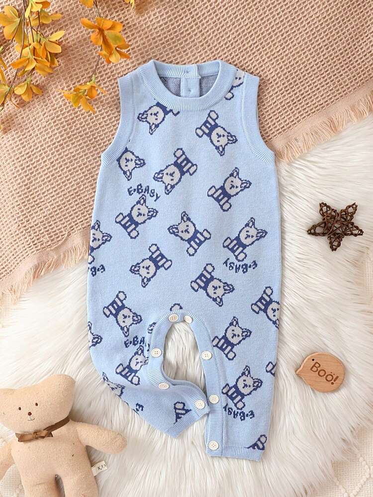 Baby Boy Bear Print Button Detail Knit Jumpsuit