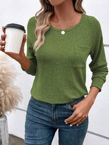 SHEIN LUNE 素色插肩袖口袋貼布T恤 - 青檸色 - 查看 6