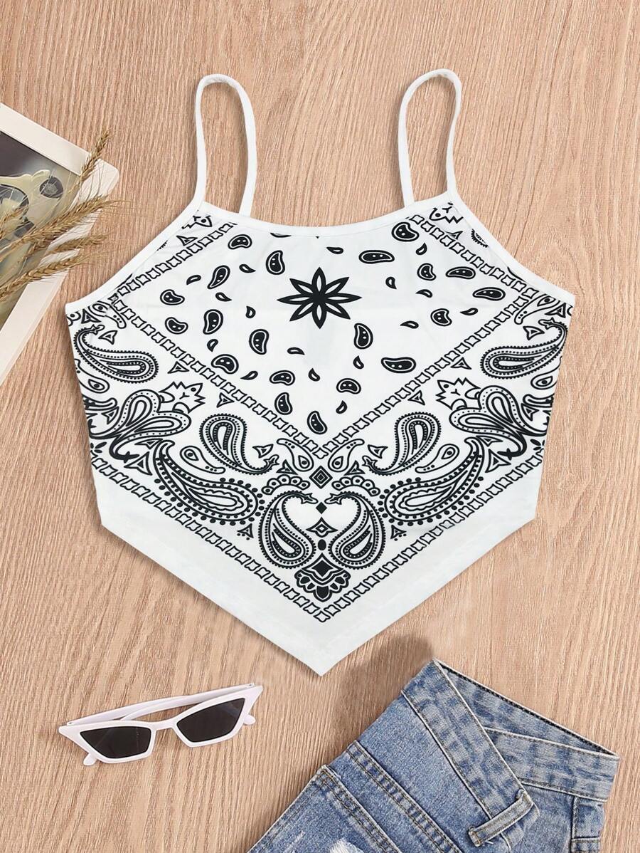 Breezaya 佩斯利印花手帕下摆吊带背心 图案 T 恤 女式上衣 - 白色 - 查看 1