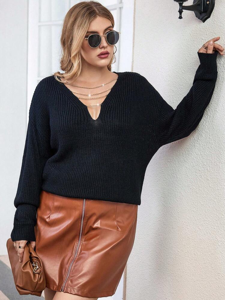 Plus Chain Detail Drop Shoulder Sweater Knit Pullover Fall Winter Sweater