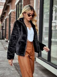 Giolshon 女士简约纯色毛绒夹克，适合秋冬通勤，配有口袋和衬垫外套。 - 黑色 - 查看 3