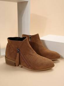 Women's Fashion Ankle Boots With Zipper Design, Mid-Heel Boots And Short Boots