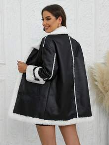 RELISH NOLESS 女式黑色撞色仿皮草夹克，秋冬 - 黑色 - 查看 4