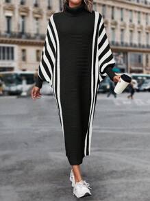 SHEIN LUNE Striped Pattern Turtleneck Batwing Sleeve Sweater Dress - Black and White - View 5