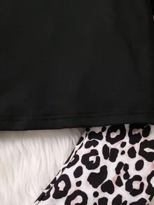 SHEIN 女小童小高領喇叭袖T恤&豹紋印花喇叭褲 - 黑色 - 查看 4