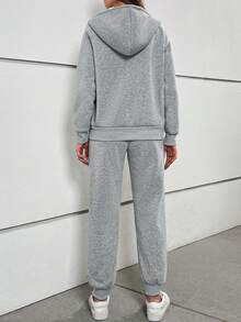 SHEIN LUNE Zip Up Drawstring Thermal Lined Hoodie & Sweatpants - Light Grey - View 2