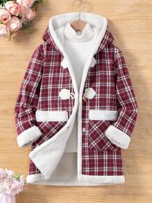 SHEIN Cô gái Tween 1 Miếng Kẻ sọc Túi Kép 	
Fuzzy Lót Duffle Áo trùm đầu - Đỏ - Xem 1