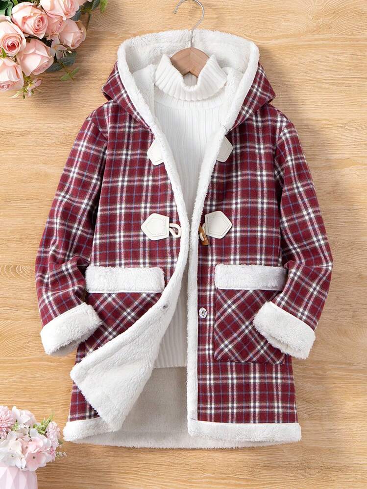 SHEIN 女大童1入組格紋雙口袋毛茸茸內襯行李袋連帽外套 - 紅色 - 查看 1