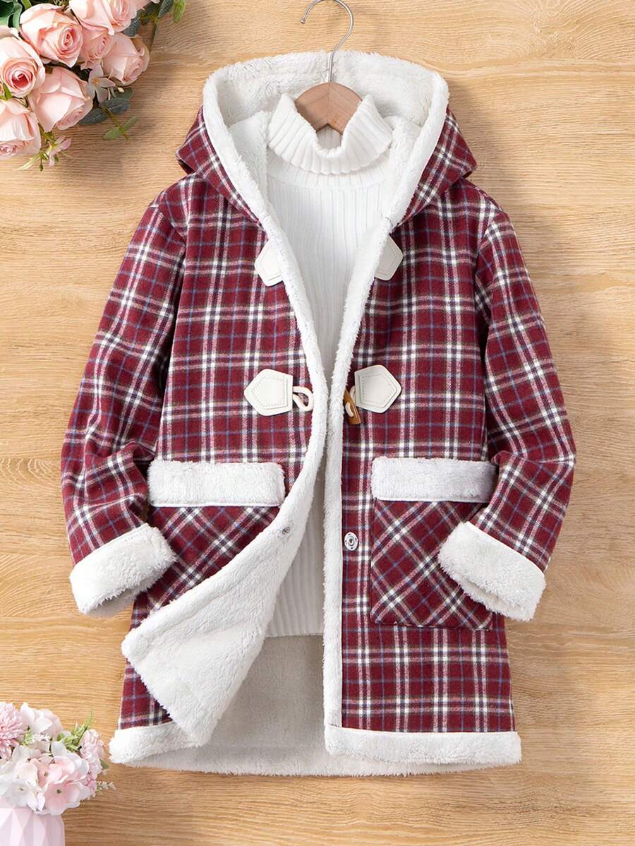 SHEIN Cô gái Tween 1 Miếng Kẻ sọc Túi Kép 	
Fuzzy Lót Duffle Áo trùm đầu - Đỏ - Xem 1