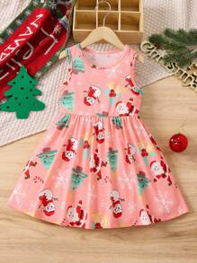 SHEIN 女小童聖誕圖案A字洋裝 - 粉色 - 查看 1