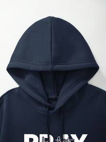 Plus Letter Graphic Kangaroo Pocket Drawstring Hoodie - Navy Blue - View 7