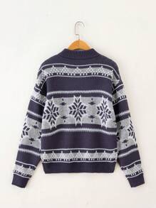 Teen Boy Geo Pattern Zipper Front Drop Shoulder Sweater - Multicolor - View 2