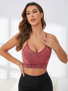 SHEIN Yoga Basic 素色後背十字交叉運動型胸罩 - 紅木色 - 查看 3