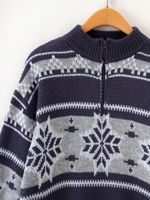 Teen Boy Geo Pattern Zipper Front Drop Shoulder Sweater - Multicolor - View 4