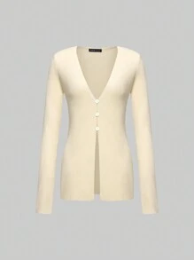 SHEIN Unity Chất rắn Nút phía trước Áo len Mở - Màu be - Xem 1