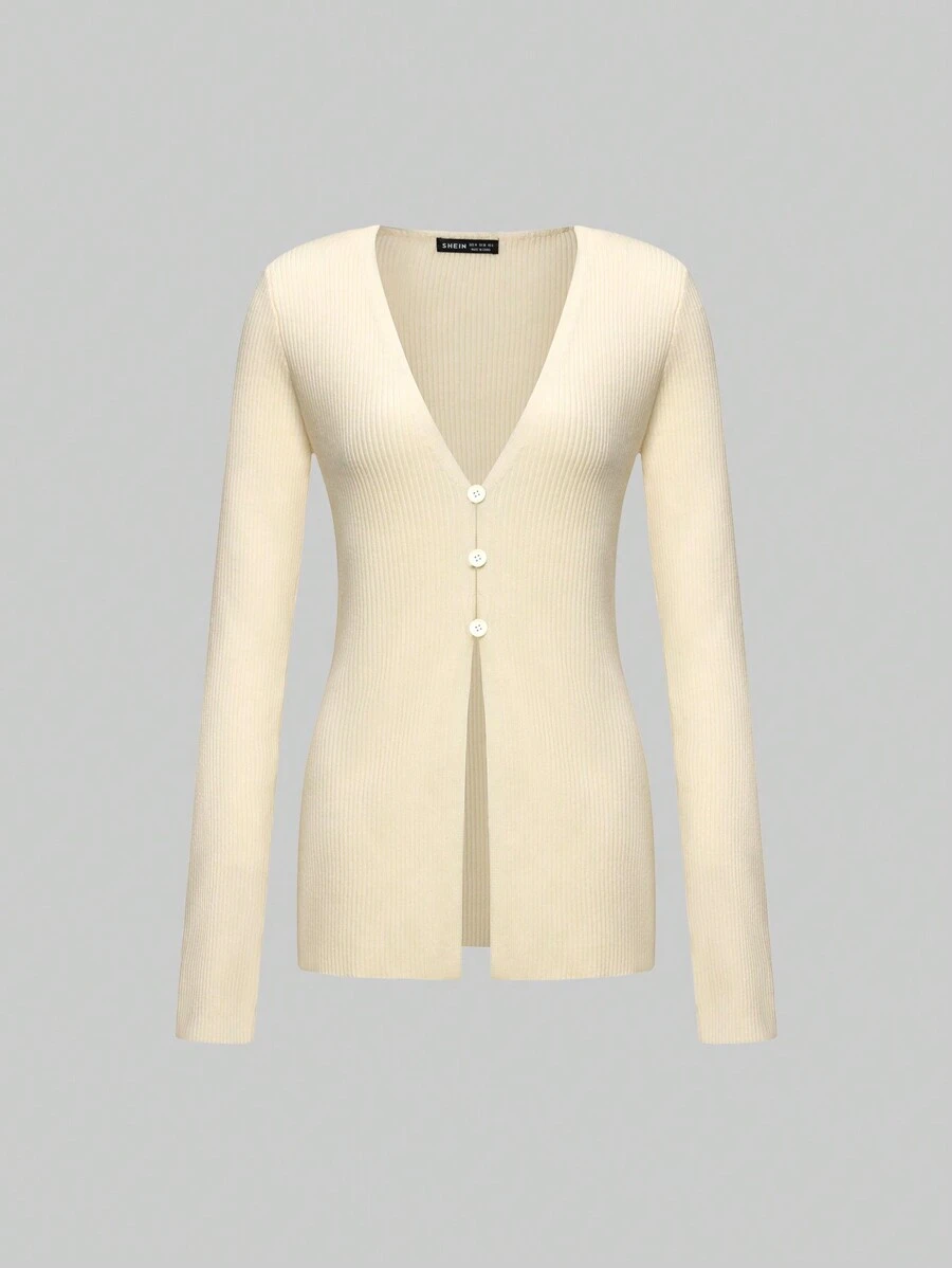 SHEIN Unity Chất rắn Nút phía trước Áo len Mở - Màu be - Xem 1