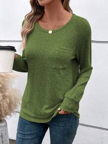 SHEIN LUNE 素色插肩袖口袋貼布T恤 - 青檸色 - 查看 5