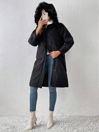 Flap Pocket Fuzzy Trim Hooded Padded Coat
