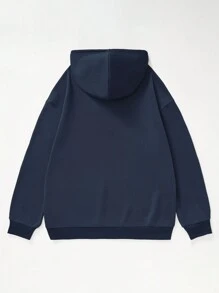 Plus Letter Graphic Kangaroo Pocket Drawstring Hoodie - Navy Blue - View 2