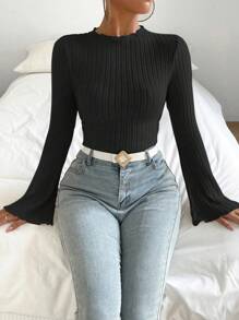 Chiquease Cổ giả Ren Mộc nhĩ Tay áo kèn  Áo thun - màu đen - Xem 4