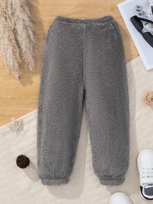 SHEIN Young Girl Solid Teddy Pants - Grey - View 2