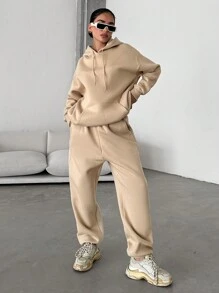 EURMUSE Plus Kangaroo Pocket Drop Shoulder Drawstring Hoodie & Sweatpants - Beige - View 6