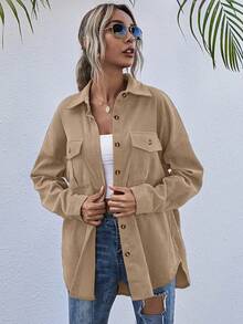 SHEIN LUNE Flap Pocket Drop Shoulder Corduroy Coat - Khaki - View 4