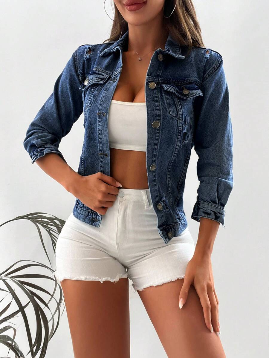 RueChic Single-breasted Lapel Collar Long Sleeve Denim Jacket - Navy Blue - View 1