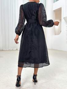 SHEIN Privé Striped Print Lantern Sleeve Plunging Neck Dress - Black - View 2