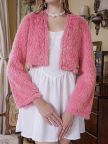 SHEIN Unity Chất rắn Mở Mặt trước Mùa vụ 	
Fuzzy Áo khoác - Hồng - Xem 5