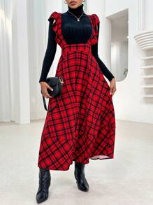 SHEIN Privé In kẻ sọc Viền Ruffle Đầm Tổng thể Không có áo len - Đỏ - Xem 5