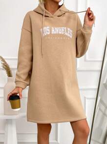 EURMUSE Letter Graphic Drop Shoulder Drawstring Hooded Sweatshirt Dress - Khaki - View 3