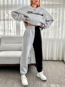 SHEIN Cottnline Women's Letter Print Drop Shoulder Sweatshirt And Two Tone Sweatpants Set - Multicolor - View 1