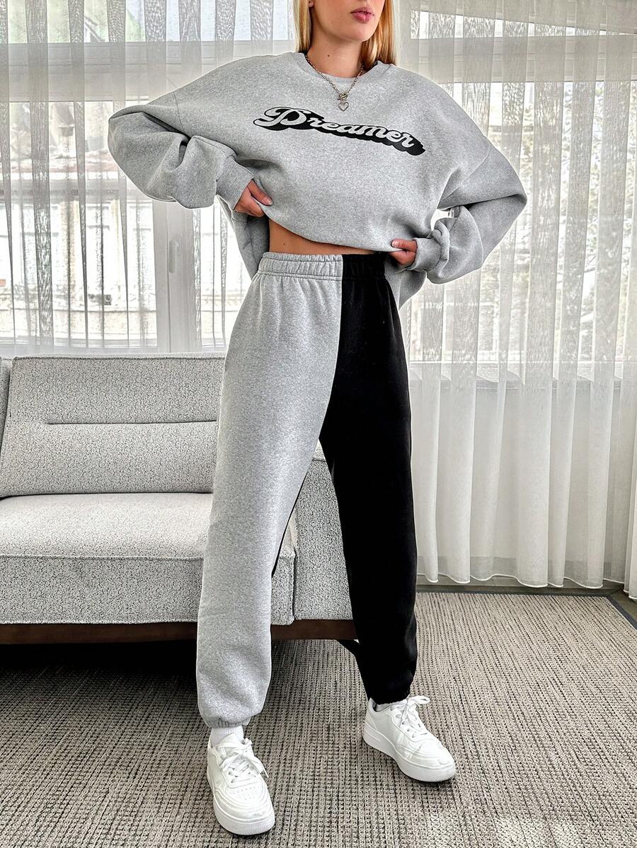SHEIN Cottnline Women's Letter Print Drop Shoulder Sweatshirt And Two Tone Sweatpants Set - Multicolor - View 1